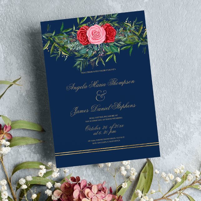 Chic Navy Rosa Rosa Rosa Goldblume Hochzeit Einladung (Chic Navy blue pink red green gold floral wedding)