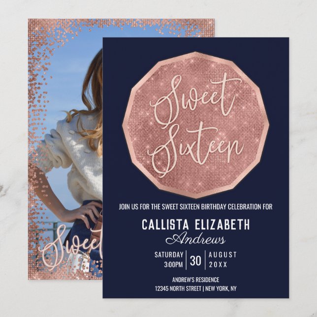 Chic Navy Rose Gold Glitzer Polygon Foto Sweet 16 Einladung (Vorne/Hinten)