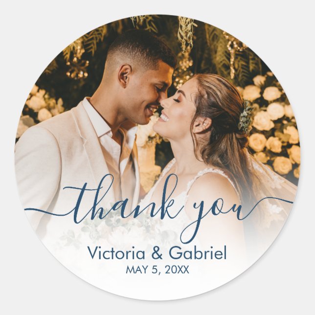 Chic Navy Script Foto Wedding Foto Vielen Dank Runder Aufkleber (Vorderseite)