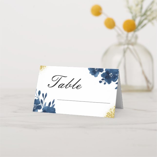 Chic Navy Wasserfarbe Blume Gold Glitzer Hochzeit Platzkarte (Vorderseite)