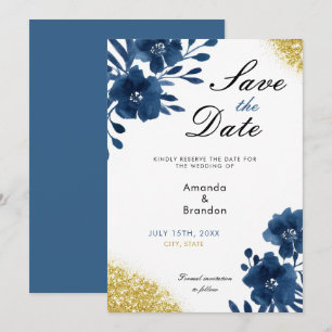 Chic Navy Wasserfarbe Blume Gold Glitzer Hochzeit Save The Date