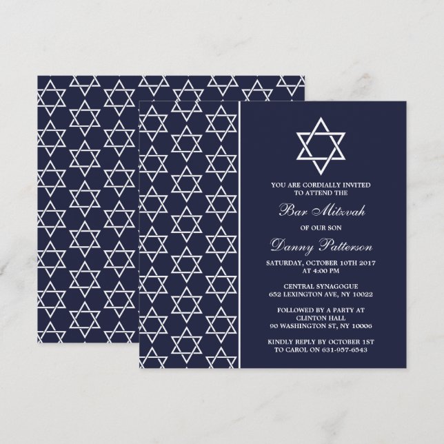 Chic Navy & White Jüdischen Star von David Bar Mit Einladung (Vorne/Hinten)