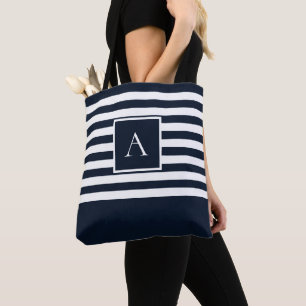 CHIC NAVY WHITE STRIPE Square Letter Monogram Tasche