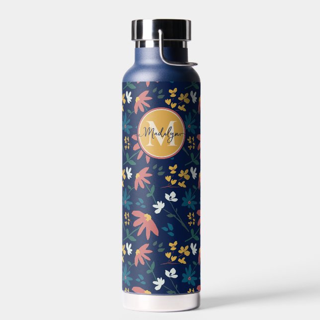 Chic Navy Yellow Monogram Floral Muster Custom Trinkflasche (Links)