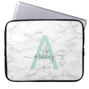 Chic Neo Mint White Marble Script Name Monogram Laptopschutzhülle