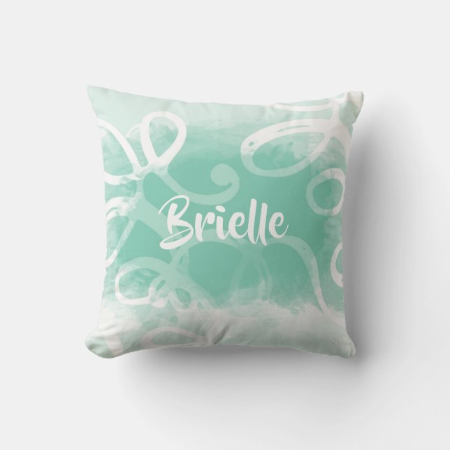 Chic Neo Minze grüne Aquarellfarben Wirbel mit Nam Kissen (Vorderseite)