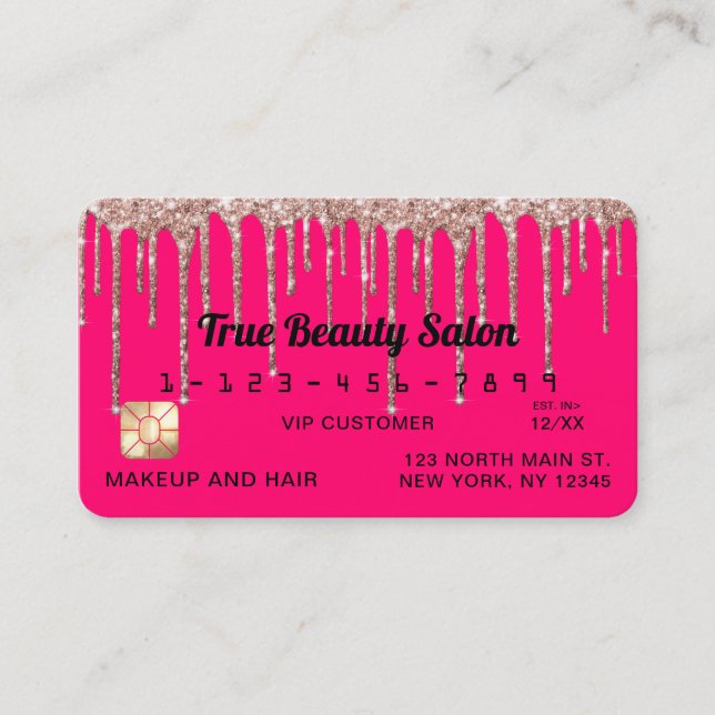 Chic Neon Pink Rose Gold Glitzer Tropfen Credit Visitenkarte (Vorderseite)