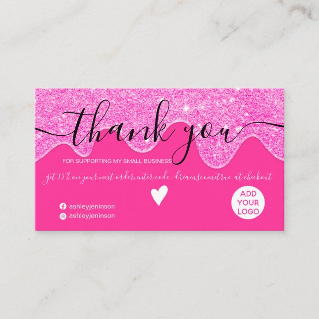 Chic neon rosa Glitzer Tropfen blush Ordnung danke Visitenkarte (Vorderseite)
