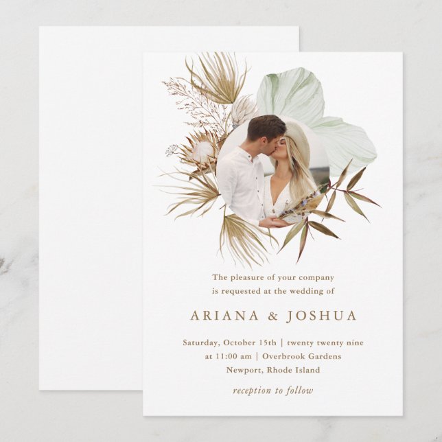 Chic Neutral Boho Wreath Foto Wedding Einladung (Vorne/Hinten)