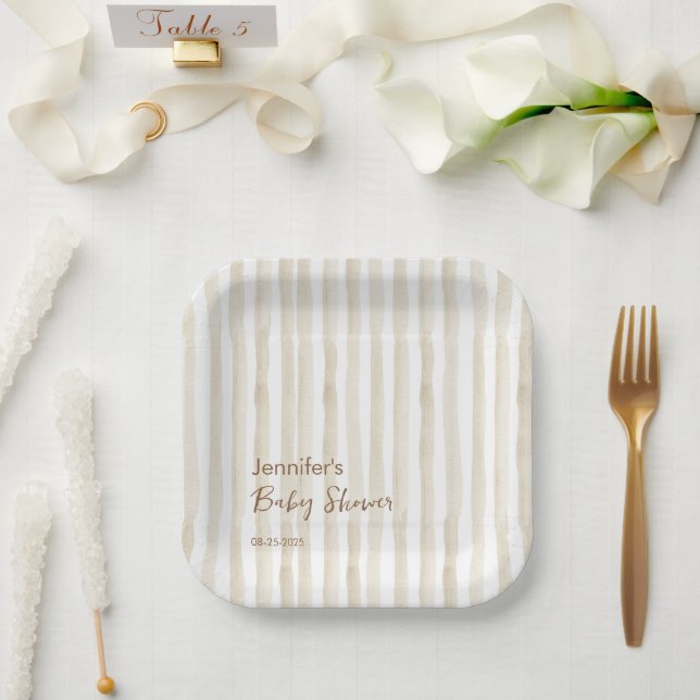 Chic Neutral Faded Stripe Modern Baby Shower Pappteller (Hochzeit)