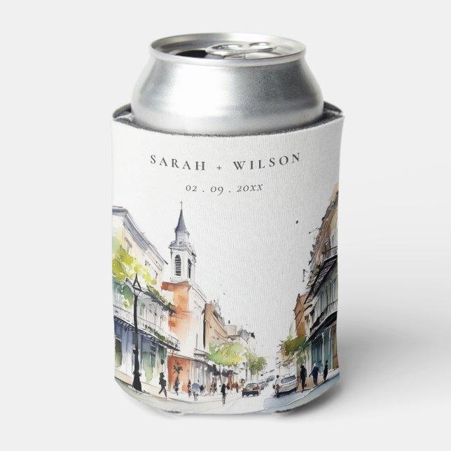 Chic New Orleans Louisiana Watercolor Wedding Dosenkühler (Kanne Vorderseite)