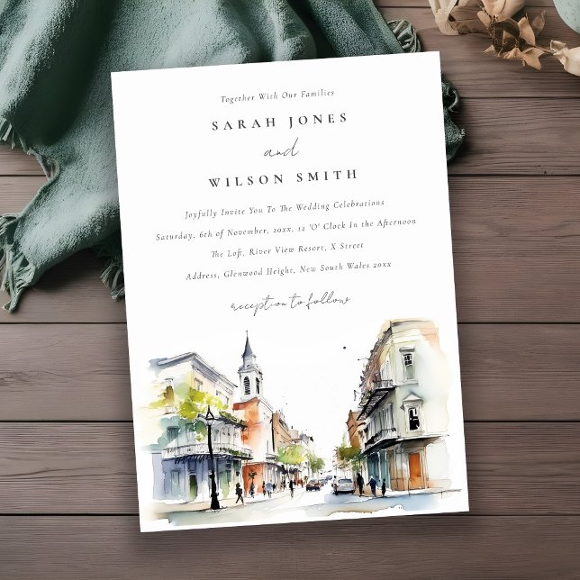 Chic New Orleans Louisiana Watercolor Wedding Einladung (Von Creator hochgeladen)