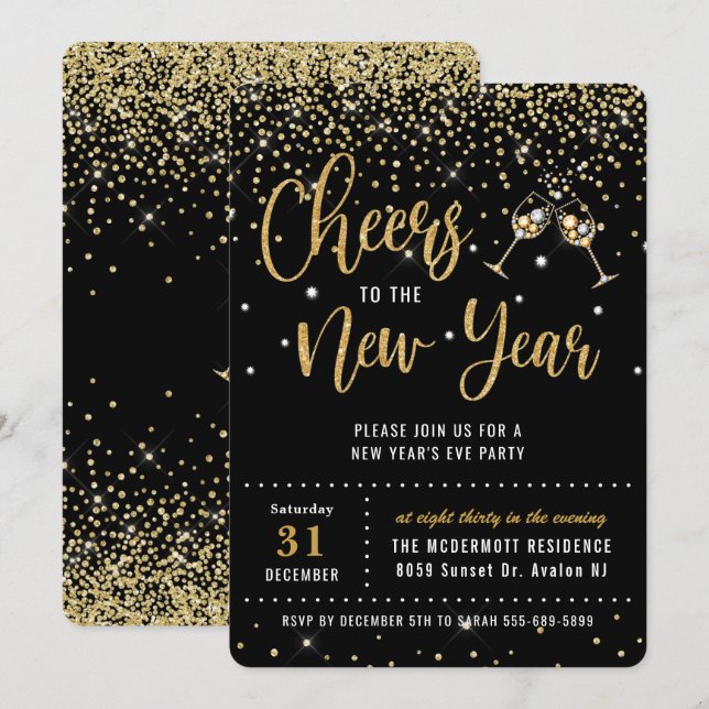 Chic New Year's Eve Party Black Gold Glitzer Invit Einladung (Vorne/Hinten)