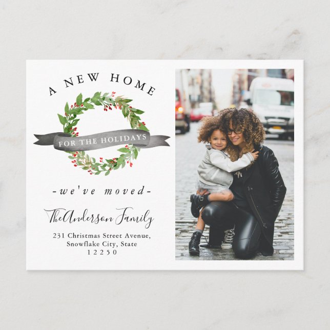 Chic New Zuhause for the Holidays Wreath Foto Movi Ankündigungspostkarte (Vorderseite)