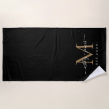 Chic Newlywed Gold Monogram Script Names Black