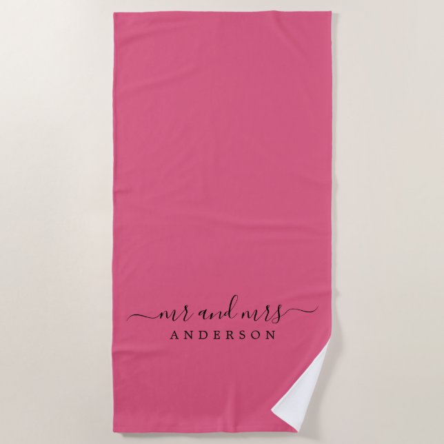 Chic Newlywed Mr. Hot Pink White Mit Monogramm Strandtuch (Vorderseite)