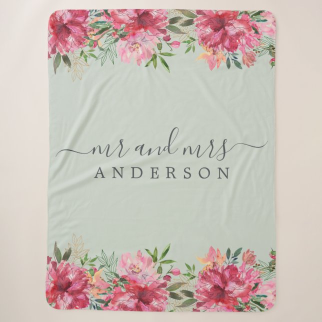 Chic Newlywed Mr. Pink Floral Monogram Sherpadecke (Vorderseite)