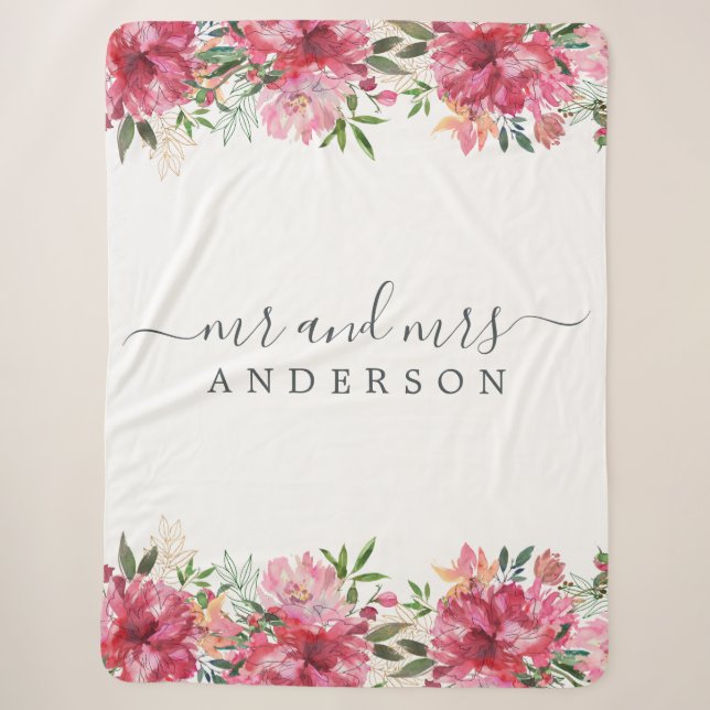 Chic Newlywed Mr. Pink Floral Monogram Sherpadecke (Vorderseite)