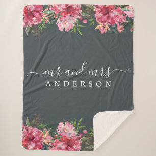 Chic Newlywed Mr. Pink Floral Monogram Sherpadecke