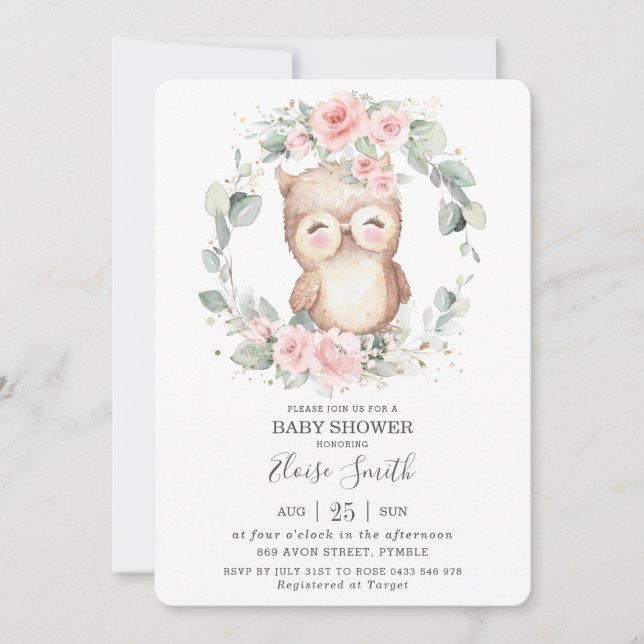 Chic Niedlich Owl Pink Blumengrün Babydusche Einladung (Vorderseite)