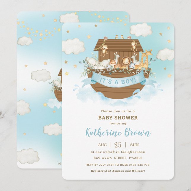 Chic Noahs Ark Niedlicher Tiere Boy Baby Shower In Einladung (Vorne/Hinten)