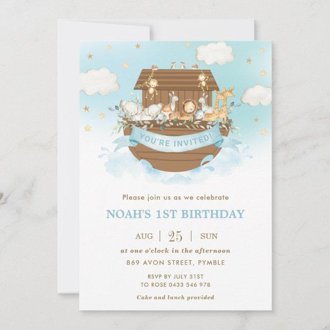 Chic Noahs Ark Niedlicher Tiere Boy Birthday Party Einladung (Vorderseite)