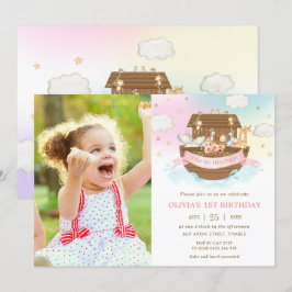 Chic Noahs Ark Niedlicher Tiere Girl Birthday Foto Einladung