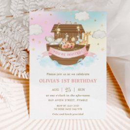 Chic Noahs Ark Niedlicher Tiere Girl Birthday Part Einladung