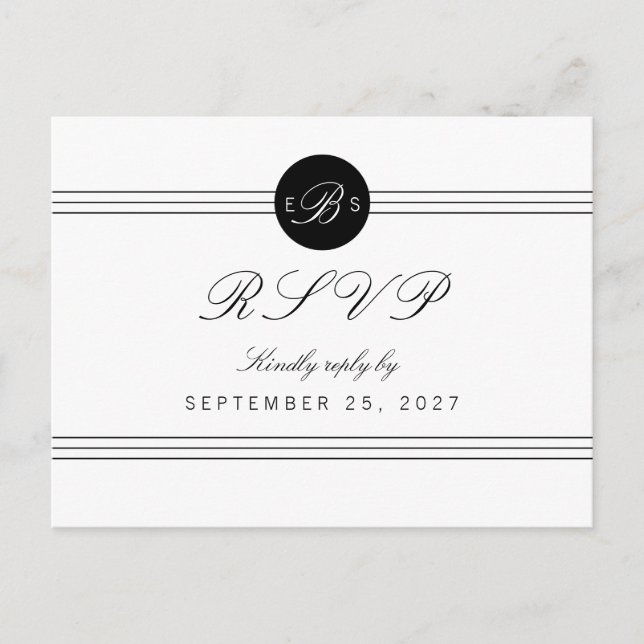 Chic noir blanc réponse Monogramme RSVP carte post (Devant)