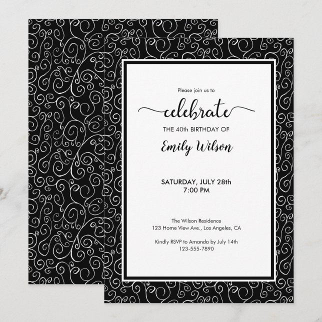 Chic noir Motif 40e anniversaire Invitation (Devant / Derrière)