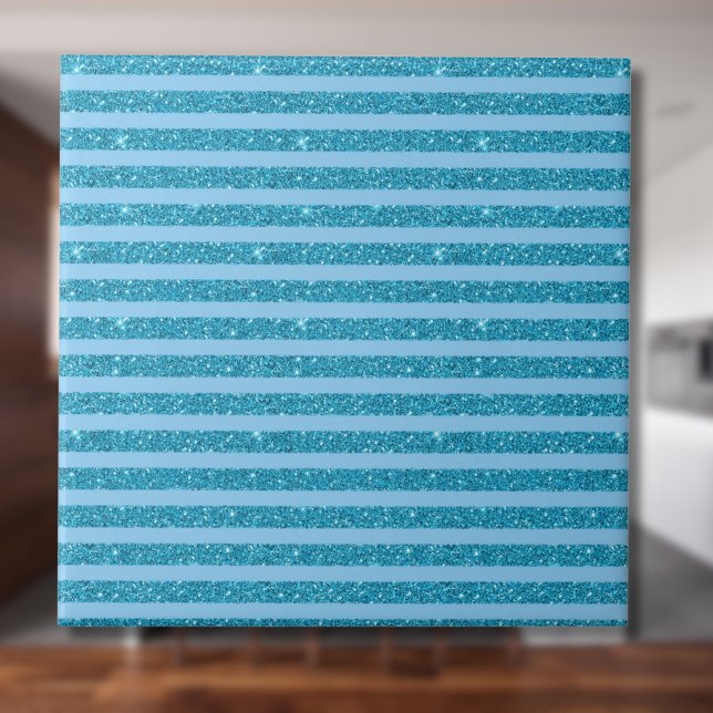 Chic Ocean Blue Glitter Style Horizontal Stripes Fliese (Von Creator hochgeladen)