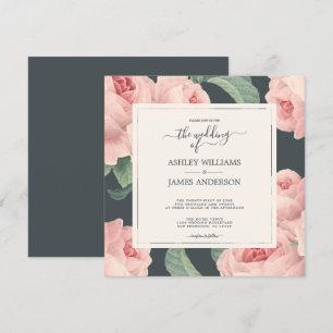 Chic Off-Black Vintag Pink Rose Floral Wedding Einladung