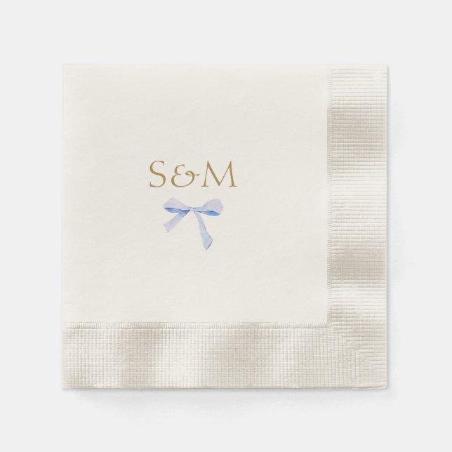 Chic Off White | Blue Ribbon Wedding Welcome Serviette (Vorderseite)