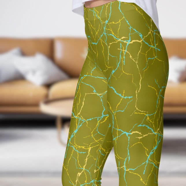 Chic Olive and Blue Yellow Fracture Pattern Leggings (Chic Olive and Blue Yellow Fracture Pattern Leggings)