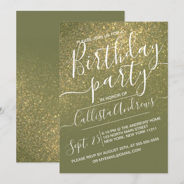 Chic Olive Green Funkelnd Glitzer Ombre Birthday Einladung (Vorne/Hinten)