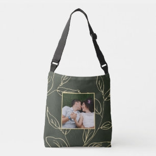 Chic Olive Green mit Imitats Gold Botanisches Foto Tragetaschen Mit Langen Trägern