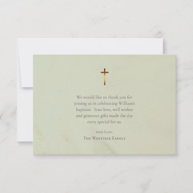 Chic Olive Roman Catholic Baptism Dankeskarte (Vorderseite)