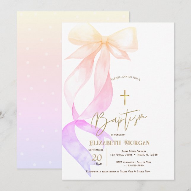 Chic Ombre Bow Gold Cross Baptism Einladung (Vorne/Hinten)