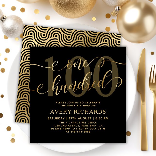 Chic One Hundred Schriftzug Schwarz Gold 100. Gebu Einladung (Von Creator hochgeladen)