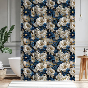 Chic Opulent Blau Weiß Elfenbein Blumen Bad Dusche Duschvorhang