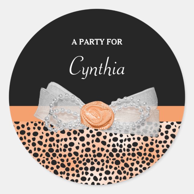 Chic Orange Cheetah Print Niedlich Rose Bow Party  Runder Aufkleber (Vorderseite)
