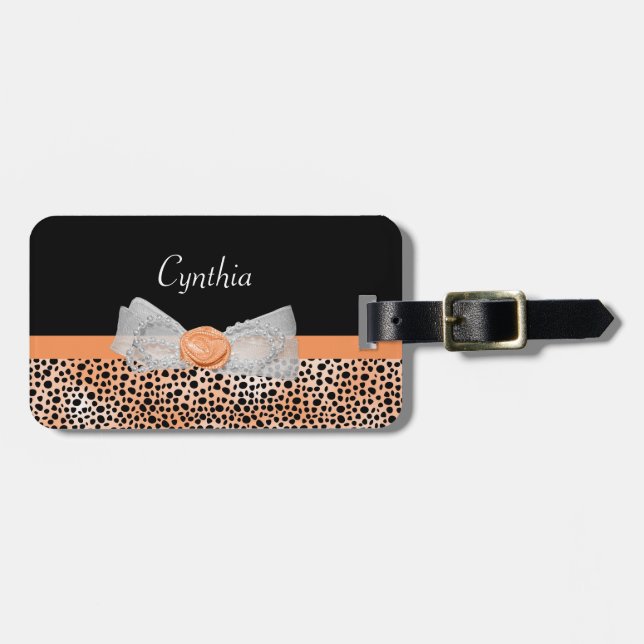 Chic Orange Cheetah Print Niedliche Rose Bow und N Gepäckanhänger (Vorderseite horizontal)