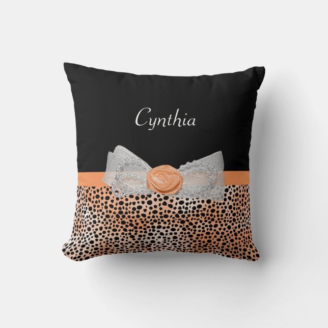 Chic Orange Cheetah Print Niedliche Rose Bow und N Kissen (Vorderseite)