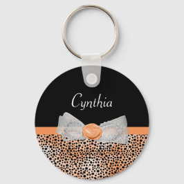 Chic Orange Cheetah Print Niedliche Rose Bow und N Schlüsselanhänger