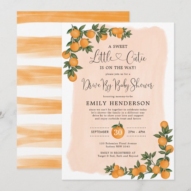 Chic Orange Drive By Baby Shower Citrus Quarantine Einladung (Vorne/Hinten)
