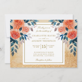 Chic Orange Floral Watercolor Wedding Einladung