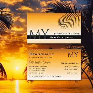 Chic Orange Gradient Palm Leaf mit Monogramm Visitenkarte