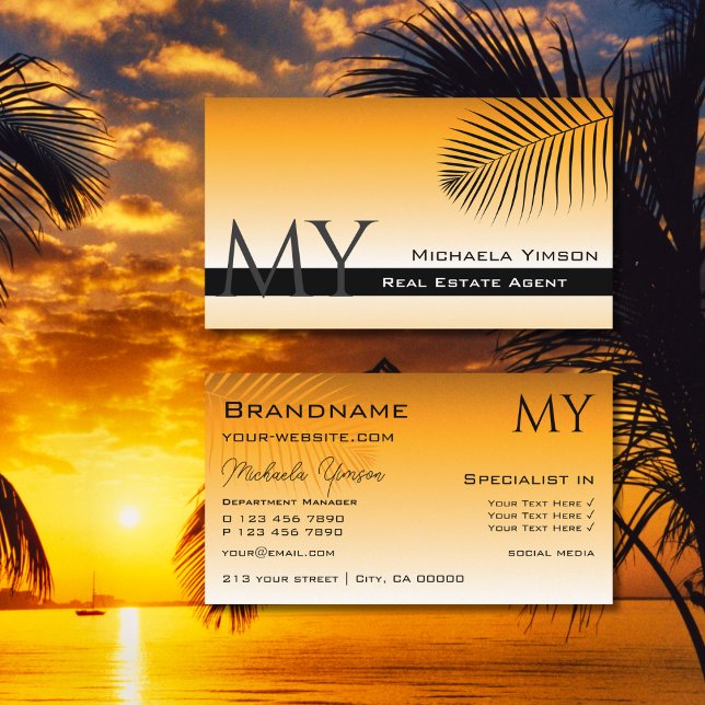 Chic Orange Gradient Palm Leaf mit Monogramm Visitenkarte (Von Creator hochgeladen)