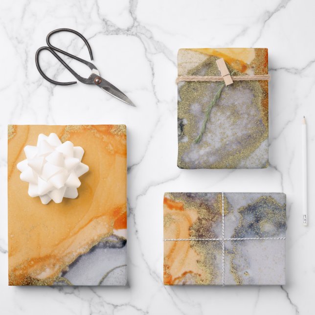 Chic Orange Grau Gold Abstrakte Kunst Geschenkpapier Set (Vorderseite)
