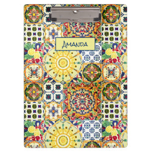 Chic orange mediterrane geometrische Fliesenmonogr Klemmbrett